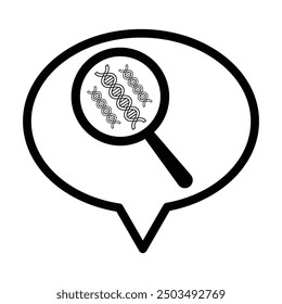 Speech bubble, magnifying glass and DNA in grey scale isolated on white background.