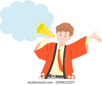 Speech bubble with a man in a legal coat calling with a megaphone