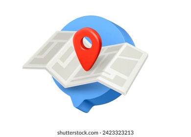 Speech bubble with map and pin on white background. 3d vector illustration