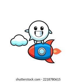 personaje de mascota de burbuja de habla montando un cohete, diseño lindo