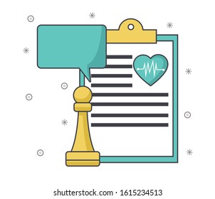 Speech bubble with medical report and chess piece over white background, vector illustration