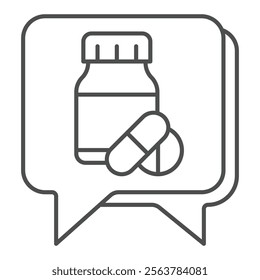 Speech bubble with medicine thin line icon, clinical research concept. Vector graphics. Plastic bottle with capsule, pill sign on white background, outline style icon for mobile or web design