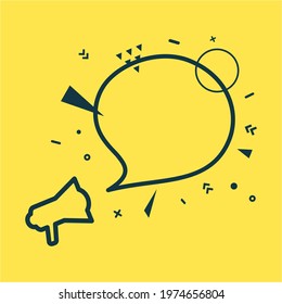 Speech bubble and megaphone with abstract geometric shapes. Outline loudspeaker sticker and black frame on yellow background. Flat banner with place for promotion ad text, vector card illustration