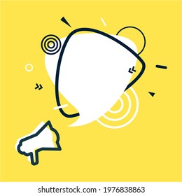 Speech bubble and megaphone with abstract geometric shapes. White sticker and black frame on yellow background. Modern flat banner with place for promotion ad text. Vector card illustration.