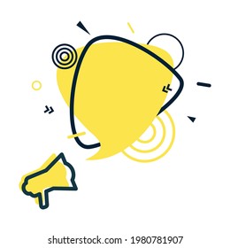 Speech bubble and megaphone with abstract geometric shapes. Yellow sticker and black frame on white background. Modern flat banner with place for promotion ad text. Vector card illustration