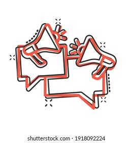 Speech bubble with megaphone icon in comic style. Dialogue box cartoon vector illustration on white isolated background. Bullhorn speaker splash effect business concept.