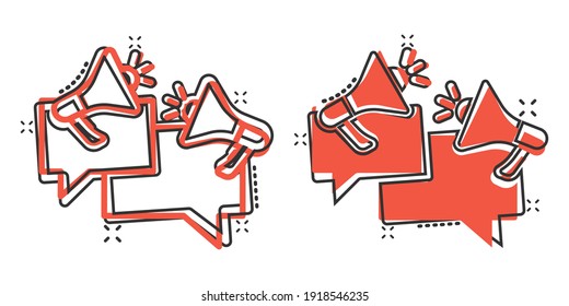 Speech bubble with megaphone icon in comic style. Dialogue box cartoon vector illustration on white isolated background. Bullhorn speaker splash effect business concept.