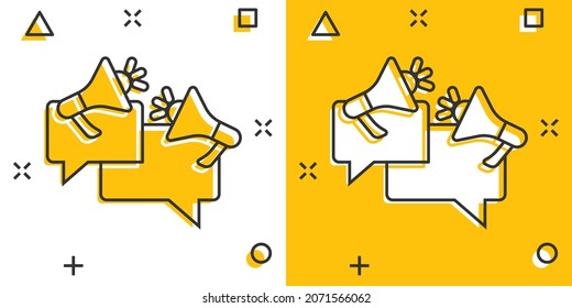 Speech bubble with megaphone icon in comic style. Dialogue box cartoon vector illustration on white isolated background. Bullhorn speaker splash effect business concept.