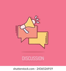 Speech bubble with megaphone icon in comic style. Dialogue box cartoon vector illustration on isolated background. Bullhorn speaker splash effect business concept.
