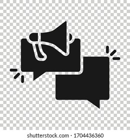 Speech bubble with megaphone icon in flat style. Dialogue box vector illustration on white isolated background. Bullhorn speaker business concept.