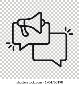 Speech bubble with megaphone icon in flat style. Dialogue box vector illustration on white isolated background. Bullhorn speaker business concept.