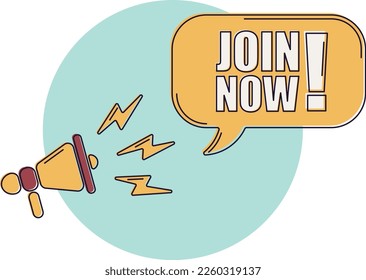 Speech bubble with megaphone, message, text join now. Megaphone announcement with trendy color shapes. Jin now.