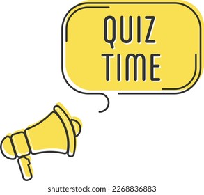 Speech bubble with megaphone, message, text quiz time. Megaphone announcement with trendy yellow color shapes.