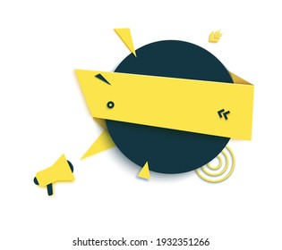 Speech bubble and megaphone in paper cut style. Memphis style round banner with abstract geometric shapes. Colorful sticker with place for promotion text, price tag, sale ad. Vector card illustration