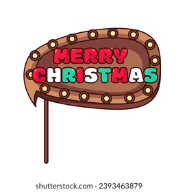 Burbuja de voz con ilustración vectorial de texto de Feliz Navidad. Dibujo aislado de utensilios de fotos retro, letrero marrón en palo con saludos navideños de tipografía cómica graciosa, adorable decoración para selfie