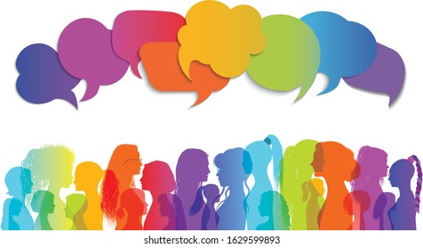 Speech bubble. Multiethnic women who talk and share ideas and information. Women social network community. Communication and friendship between women or girls of diverse cultures