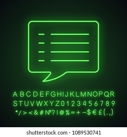 Speech bubble neon light icon. Chat box. Glowing sign with alphabet, numbers and symbols. Vector isolated illustration