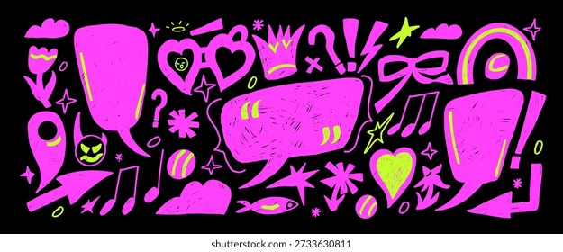 Speech bubble neon markers doodles. Hand drawn girly text boxes with decorative scribbles. Funky crayon pencil devil, callout shapes. Vector textured talk frames. Crown, stars, arrows on background.