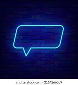 Speech bubble neon sign. Rectangular retro frame. Space for text. Glowing effect banner. Chatting box on brick wall. Luminous label. Editable stroke. Vector stock illustration