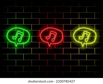 Burbuja del discurso con notas de neón. El concepto de música y sonido. Diseño publicitario. Cartel de neón brillante nocturno, cartel colorido, cartel de luz. Ilustración vectorial al estilo neón. muchos colores.
