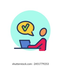 Sprechblase und Symbol für Büromitarbeiterzeile. Computer, Genehmigung, Arbeitsrandzeichen. Häkchen und Geschäftskonzept. Vektorillustration-Symbolelement für Webdesign und App