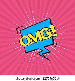 Speech bubble Omg on the rays pink comic background.
Colored pop art style sound effect. Halftone vector illustration banner. Vector illustration in comic style