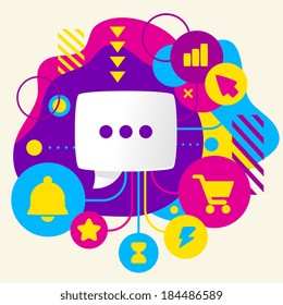 Speech bubble on abstract colorful spotted background with different icons and elements. Flat design 