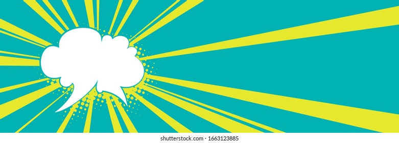 Speech bubble on a green banner with yellow sun's rays , shadow of a speech bubble in the form of dots , vector illustration