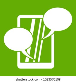 Speech bubble on phone icon white isolated on green background. Vector illustration