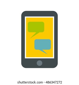 Speech bubble on phone icon in flat style isolated on white background. Gadget symbol vector illustration