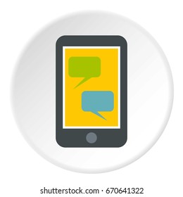 Speech bubble on phone icon in flat circle isolated vector illustration for web