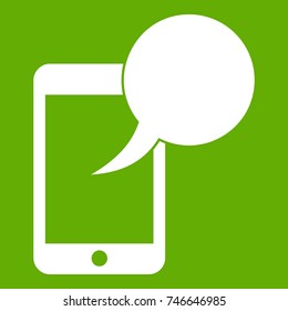 Speech bubble on phone icon white isolated on green background. Vector illustration