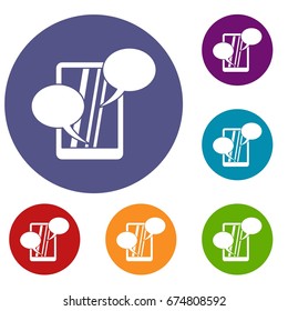 Speech bubble on phone icons set in flat circle reb, blue and green color for web