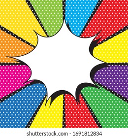 Speech bubble on rays with effect explosion background and halftone dots. For comic book and manga. Text banner. Vector bright dynamic cartoon illustration. Pop-art style template for your design