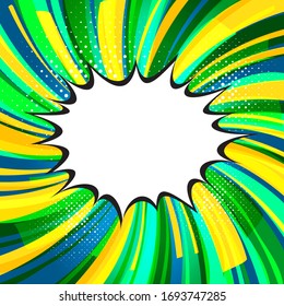 Speech bubble on rays with effect explosion background and halftone dots. Effect motion lines for comic book and manga. Vector bright dynamic cartoon illustration. Pop-art style template for design