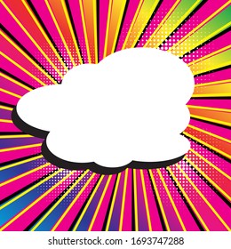 Speech bubble on rays with effect explosion background and halftone dots. Effect motion lines for comic book and manga. Vector bright dynamic cartoon illustration. Pop-art style template for design
