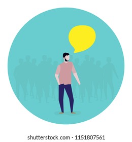 A speech bubble and one person conversation on the background silhouette people. Flat vector illustration EPS10.