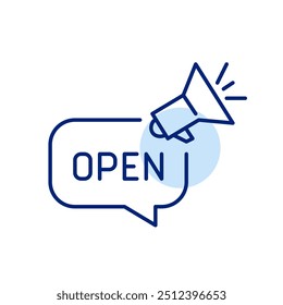 Balão de fala com mensagem aberta e megafone. Anúncio público para novos negócios ou open house. Pixel perfeito, ícone de traçado editável
