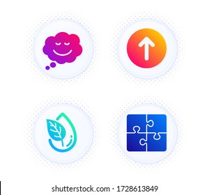 Speech bubble, Organic product and Swipe up icons simple set. Button with halftone dots. Puzzle sign. Comic chat, Leaf, Scroll screen. Engineering strategy. Technology set. Vector