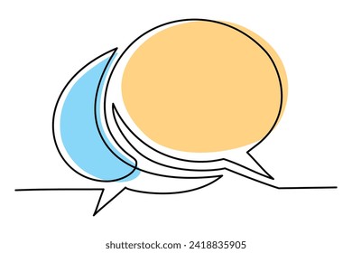 Speech bubble outline, dialog speak, continuous one line drawing. Graphics minimalist linear two frame box for text. Color balloon for talk. Single line vector illustration