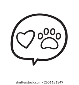 Speech bubble. Outline dog paw and heart icon. Vector design. Illustration on white background.