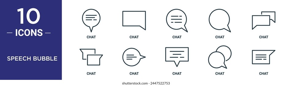 speech bubble outline icon set includes thin line chat, chat, chat, icons for report, presentation, diagram, web design