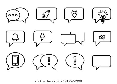 Speech bubble outline icon set features minimal line art chat bubbles with message, rocket, location, light bulb, bell, lightning, quote, smartphone, alert, and blank icons. Editable vector illustration.