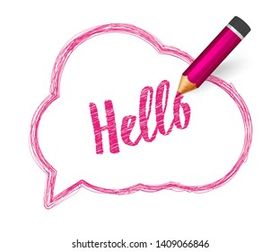 Speech bubble paint with pencil. Hand drawn banner with doodles of crayon and written short message Hello. Sketch cloud and quote, pink lines stroke and scribble