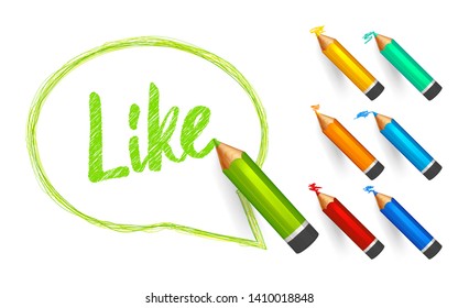 Speech bubble paint with pencils. Hand drawn banner with doodles, set of colorful crayons and written short message. Sketch cloud and quote, lines stroke and scribble