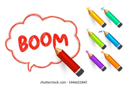 Speech bubble paint with pencils. Hand drawn banner with doodles, set of colorful crayons and written short message Boom. Sketch cloud and quote, lines stroke and scribble