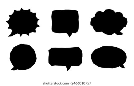 Speech bubble paper cut out sloppy black silhouette blank balloon set. Different shape, cartoon element for chat, message box, talk dialog speak, comic retro empty paper background, thought banner