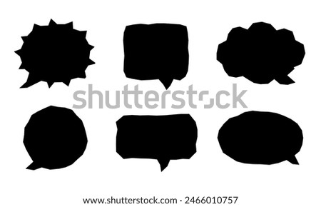 Speech bubble paper cut out sloppy black silhouette blank balloon set. Different shape, cartoon element for chat, message box, talk dialog speak, comic retro empty paper background, thought banner