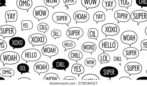 Sprachblasenmuster mit lässigen Slang-Ausdrücken, schwarz-weißes Comic-Design, Vektorgrafik