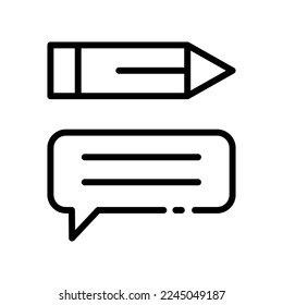 Sprecht eine Blase und Bleistift-Linie Symbol. Zum Beispiel, Herz, Stift, Schreiben, Text, Kommunikation, Dialog, Chat, Verbindung, Fokus, Reaktion, Benachrichtigung. Kommunikationskonzept. Vektorsymbol für schwarze Linie